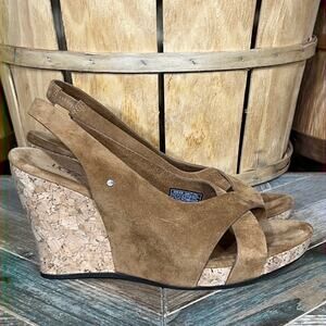 UGG Hazel Slingback Brown Suede High Cork Wedge Open Toe Sandals Womens Size 8